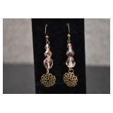 Gold Tone w/ Pink Beads Hook Earrings
