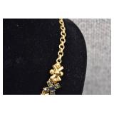 Gold Tone Necklace w/ Green Rhinestones