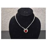Lot of 2 Rhinestone w/ Red Heart Jewel Necklace & Rhinestone Bracelet