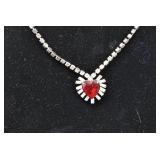 Lot of 2 Rhinestone w/ Red Heart Jewel Necklace & Rhinestone Bracelet