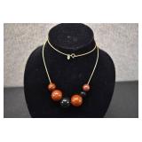 Gold Tone Chain Necklace w/ Brown & Black Round Beads