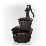 Alpine Corporation 27" Tall 2-Tier Barrel and Pump Waterfall Fountain, Bronze Finish