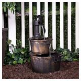 Alpine Corporation 27" Tall 2-Tier Barrel and Pump Waterfall Fountain, Bronze Finish
