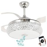BAYSQUIRREL Retractable Invisible Ceiling Fan with Light and Bluetooth Speaker, Modern Bluetooth Fan Chandelier with Remote Control 7 Color Change 36W LED 42 Inch (Chrome)