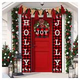 Christmas Banner Holly Jolly Banner Decorations Outdoor Indoor, Holly Jolly and Joy Porch Sign, Christmas Buffalo Check Banner for Home Wall Decorations