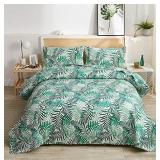 Tropical Rainforest Leaves Quilt Set Full/Queen Size Green Palm Leaf Bedding Set Lightweight Reversible Botanical Bedspread Coverlet with Sham Soft Breathable Bed Set, 1 Quilt and 2 Pillowshams