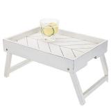 MyGift Vintage White Wood Bed Tray with Folding Legs - Foldable Breakfast Table Laptop Desk Kitchen Serving Tray