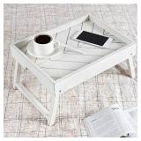 MyGift Vintage White Wood Bed Tray with Folding Legs - Foldable Breakfast Table Laptop Desk Kitchen Serving Tray