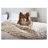 MONKSIE Luxury Chunky Knit Blanket with Plush Chenille Knitted Fabric, 47â x 59â, Soft and Warm Decorative Throw for Living Room, Bedroom, and Home Decor (Oatmeal Light Beige, Off-White)