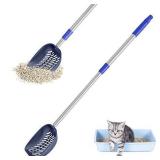 Cat Litter Scooper, Adjustable Metal Telescoping Long Handle Deep Sifting Shovel, Stainless Steel Non-Stick Kitty Litter Sifter, No Bending Heavy Duty Cat Pooper Scooper for Large Multi Cat, Blue