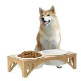 FUKUMARU Elevated Dog Ceramic Bowls, 32 OZ Raised Food Feeding Dishes for Large Cats and Medium Dogs, Solid Bamboo Water Food Stand Feeder Set with Anti-Slip Feet