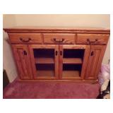 OAK ENTERTAINMENT CABINET - GLASS MISSING IN ONE DOOR