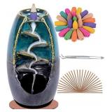 SPACEKEEPER Ceramic Backflow Incense Holder Waterfall Incense Burner, with 120 Backflow Incense Cones + 30 Incense Stick, Aromatherapy Ornament Home Decor, Blue Set