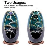 SPACEKEEPER Ceramic Backflow Incense Holder Waterfall Incense Burner, with 120 Backflow Incense Cones + 30 Incense Stick, Aromatherapy Ornament Home Decor, Blue Set