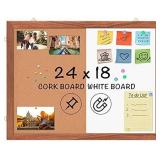 Dry Erase Cork Board Combo, maxtek 24 x 18 inches Hanging Combination Whiteboard for Wall Magnetic Whiteboard & Bulletin Board Wall Mounted for Home, Office & Classroom [Natural Wooden Frame