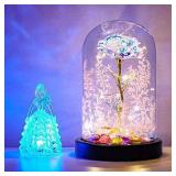Beauty and the Beast Rose, Galaxy Rose with Led Light and Artificial Flowers in Glass Dome Forever Rose on Wooden Base. Mom Birthday Gift and Valentine