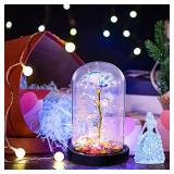 Beauty and the Beast Rose, Galaxy Rose with Led Light and Artificial Flowers in Glass Dome Forever Rose on Wooden Base. Mom Birthday Gift and Valentine