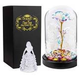 Beauty and the Beast Rose, Galaxy Rose with Led Light and Artificial Flowers in Glass Dome Forever Rose on Wooden Base. Mom Birthday Gift and Valentine