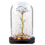 Beauty and the Beast Rose, Galaxy Rose with Led Light and Artificial Flowers in Glass Dome Forever Rose on Wooden Base. Mom Birthday Gift and Valentine