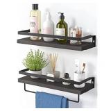 AMADA HOMEFURNISHING Wall Shelves, Floating Shelves for Bathroom, Kitchen, Bedroom, Bathroom Shelf with Towel Bar, Set of 2 Dark Brown-AMFS01B1