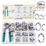 MIAHART 120Pcs Stainless Steel Single Ear Hose Clamps with Ear Clamp Pincer 10 Sizes 304 Stepless Crimp Clamps for Securing PEX Tubing Pipe Hose and Automotive Use with Storage Box 1/4 inch-1 1/8 inch