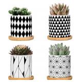 FairyLavie 3 Inch Ceramic Little Pots for Plants, Geometric Pattern Succulent Plant Pots Planters with Bamboo Tray, Perfect for Home Office Decor and Ideal Gift for Family Friends Colleague, Set of 4