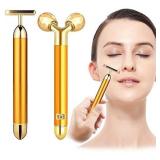 DANGSHAN 2-In-1 Beauty Bar 24K Golden Pulse Face Massager, 3D Roller Electric Sonic Energy Beauty Bar And T Shape Face Massager Kit For Face Lift Anti-Aging Anti-Wrinkles Skin Tightening Face Firming
