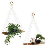 Hanging Shelves for Wall [Set of 2 w/ Hooks] Wooden Shelf & Macrame Rope, Natural Light Reclaimed Wood, Triangle Floating Rustic Farmhouse Modern Boho Decor Plant, Bathroom, Living Room Bedroom Corner
