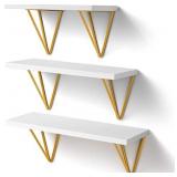 AMADA HOMEFURNISHING White Floating Shelves - Wall Mounted Shelf with Triangle Golden Metal Brackets for Living Room, Bedroom, Kitchen Set of 3, AMFS12