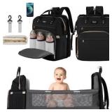 Xinsilu Diaper Bag Backpack with Changing Table-Travel Backpack, Storage Diaper Bag with Sturdy Folding Crib, Baby Cradle Backpack, Built-in USB Port, Color (Black Grey)