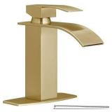 Hoimpro Gold Waterfall Spout Bathroom Faucet ,Single Handle Bathroom Vanity Sink Faucet with Deck Plate, Brass / Brushed Gold (3 Hole)