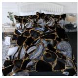 Blessliving 3 Piece Marble Comforter Set with Pillow Shams Blue Gold Marble Bedding Set with 3D Printed Designs Reversible Comforter Full/Queen Size