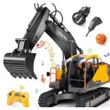Volvo RC Excavator 3 in 1 Construction Truck Metal Shovel and Drill 17 Channel 1/16 Scale Full Functional with 2 Bonus Tools Hydraulic Electric Remote Control Excavator Construction Tractor