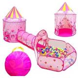 FURNIFE 3pcs Kids Play Tent for Babies Toddler Girlsï¼Crawl Tunnel & Ball Pit with Basketball Hoop, Unicorn Kids Playhouse Castle Tent Indoor & Outdoor Playhouse