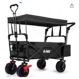 AUKAR Heavy Duty Collapsible Folding Wagon Utility Outdoor Garden Cart with 7" All-Terrain Wheels Adjustable Push and Pull Handles for Shopping, Picnic, Beach, Camping, Sports (Black)