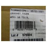 3 boxes of crouchet taupe peal and stick carpet tiles.  Each box has 15 tiles, all same color.