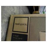 realspace 3-shelf storage cabinet, black, new in box. Measurements in pictures.
