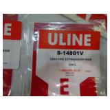 Multiple fire extinguisher signs, exit sign, and caution sign