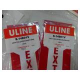 Multiple fire extinguisher signs, exit sign, and caution sign