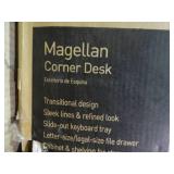 realspace Magellan corner desk, with blonde ash finish, new in box.  Measurements in pictures.