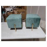 Kirpi Velvet Ottoman Square Stool Set of 2 - Modern Vanity Stool - Contemporary Foot Stool Ottoman - Soft Velvet Upholstered Foot Rest with Gold Metal Legs - Sage Green