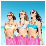 2 Sets 60 cm Hawaiian Hula Grass Skirt with Pineapple Sunglasses Flower Accessories, Straw (Pink Skirts)