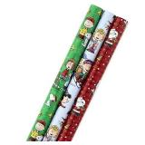 Hallmark Christmas Peanuts Wrapping Paper with Cut Lines on Reverse (Pack of 3, 105 sq. ft. ttl) Snoopy, Charlie Brown, Woodstock