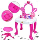Kiddie Play Pretend Play Kids Vanity Table and Chair Beauty Play Set with Piano and Fashion Makeup Accessories for Girls in Pink