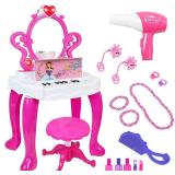 Kiddie Play Pretend Play Kids Vanity Table and Chair Beauty Play Set with Piano and Fashion Makeup Accessories for Girls in Pink