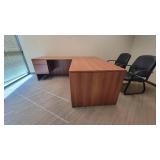 L Shaped Wooden Laminate Office Desk and (2) Black Vinyl Waiting Chairs