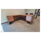 L Shaped Wooden Laminate Office Desk and (2) Black Vinyl Waiting Chairs