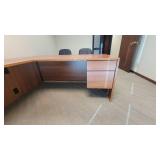 L Shaped Wooden Laminate Office Desk and (2) Black Vinyl Waiting Chairs