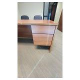 L Shaped Wooden Laminate Office Desk and (2) Black Vinyl Waiting Chairs