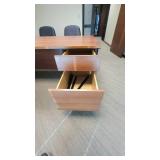 L Shaped Wooden Laminate Office Desk and (2) Black Vinyl Waiting Chairs